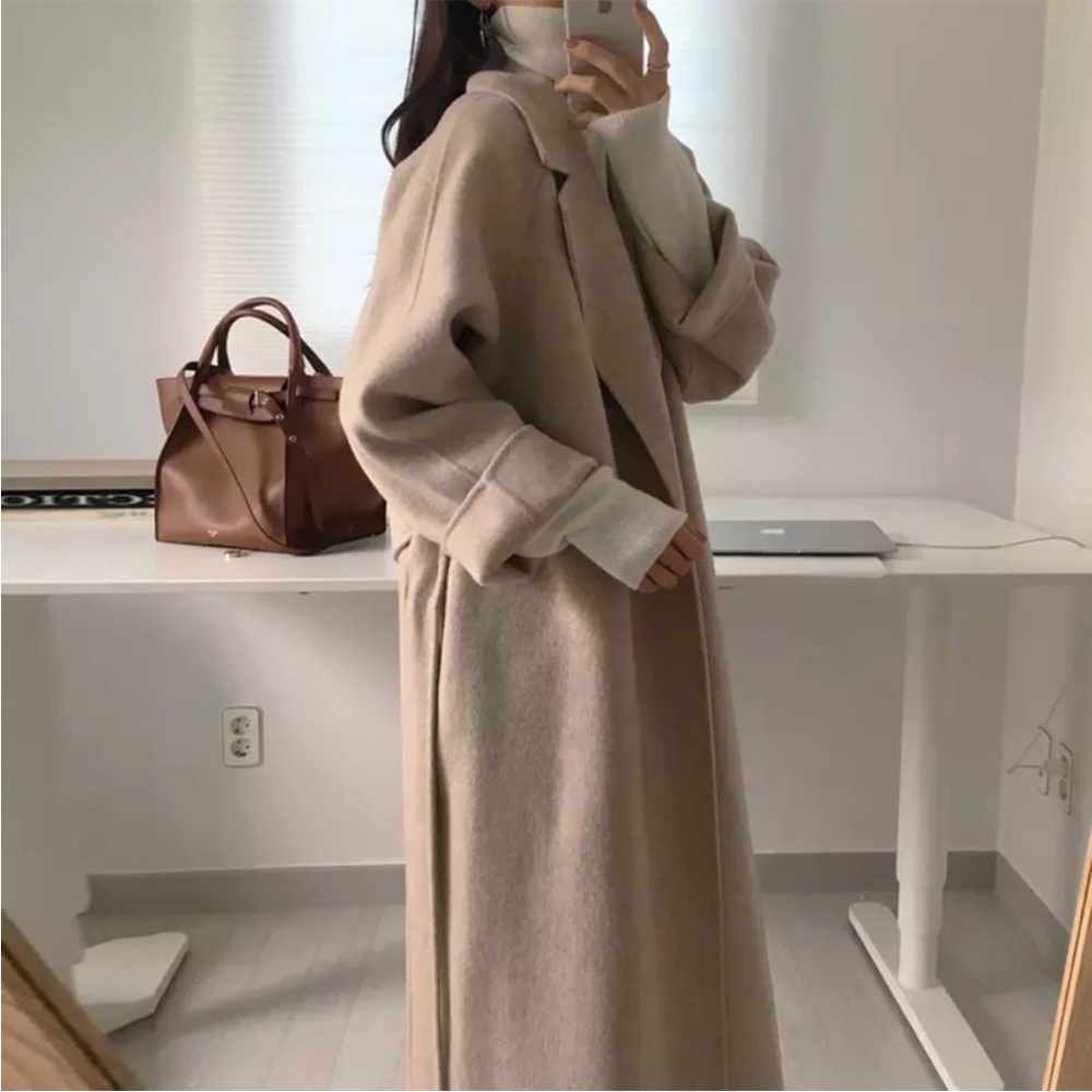 Elegant Belted Wool Pea Coat Oatmeal (Pink Undertone) Women's Ultra High Waist